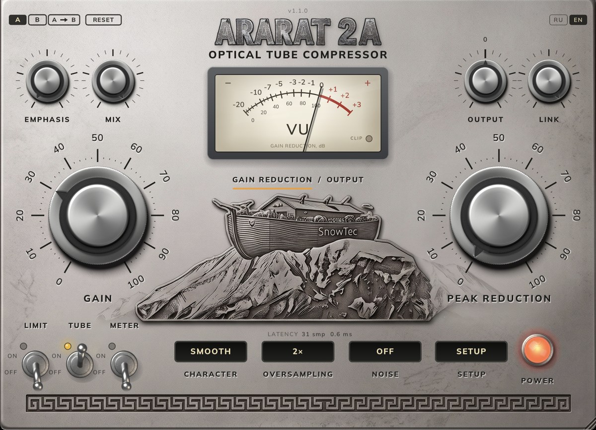 SnowTec ARARAT 2A — classic look, English interface: upright light panel, two large 0–100 dials, a VU meter and the Noah’s-ark engraving on Mount Ararat