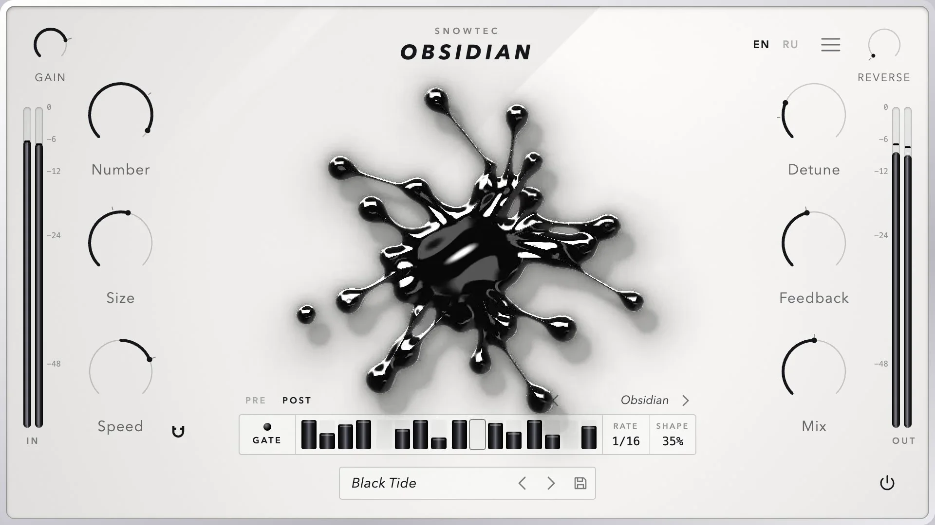 SnowTec OBSIDIAN interface: IN/OUT meters, a trance gate, a central black liquid-metal drop, knobs Number, Size, Speed, Detune, Feedback, Mix
